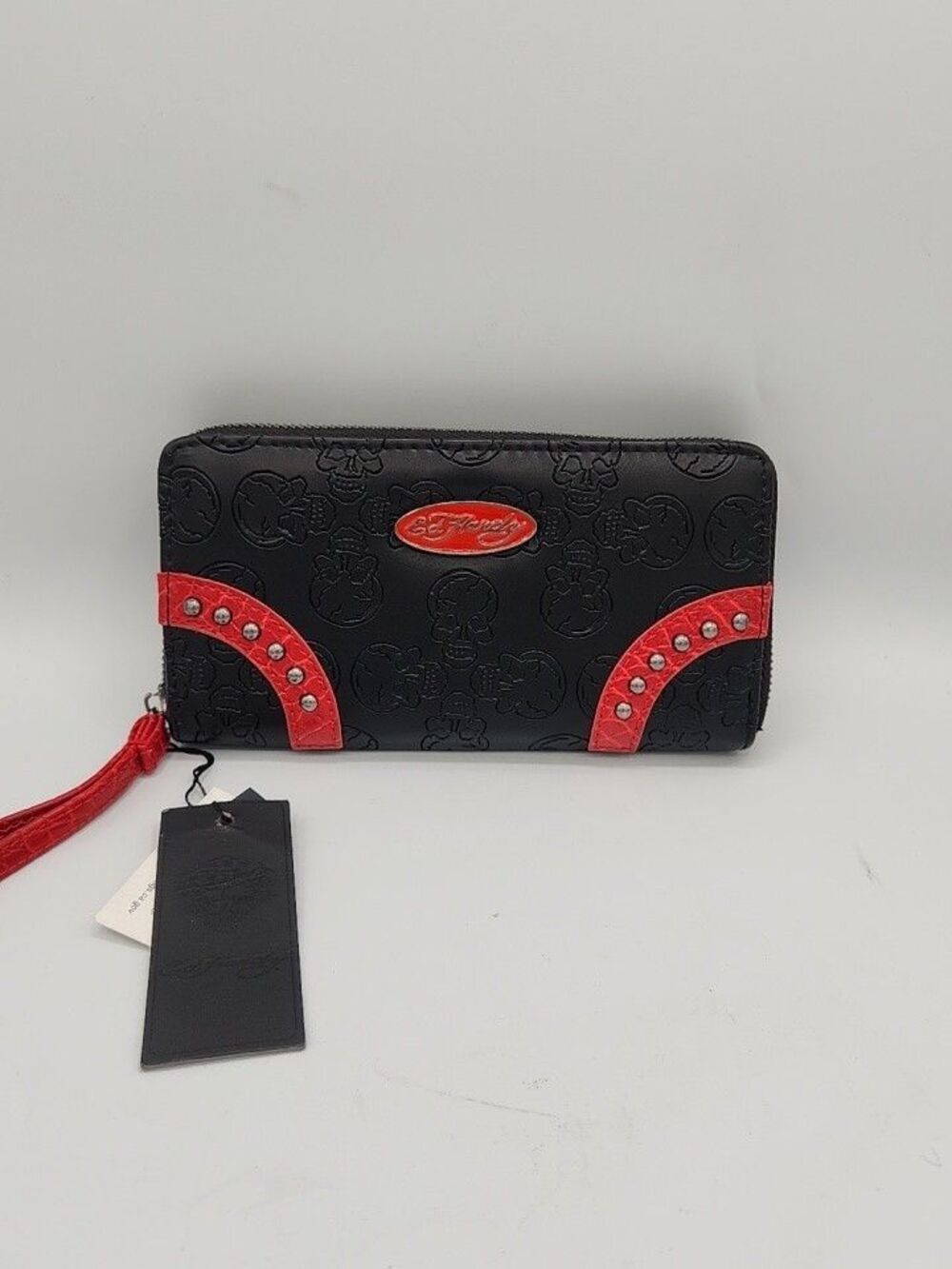 Ed Hardy Skulls Logo Print Embossed Black And Red Women’s Wallet Wristlet